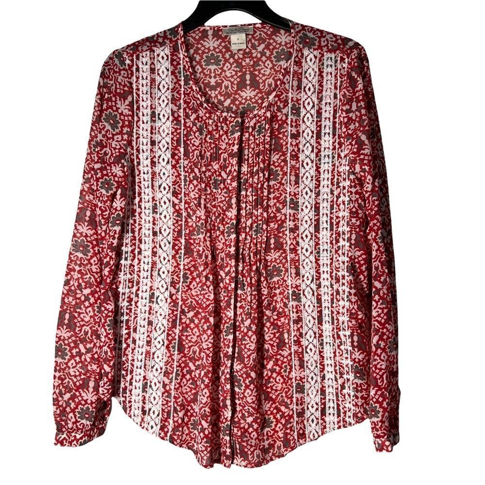Lucky Brand Womens Sz S Floral Boho Lace Pintuck Top Button Down